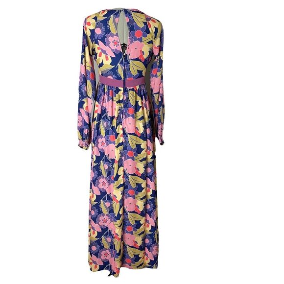 Unique Vintage Navy Purple 70s Style Long Sleeve Maxi Dress Spring Summer XS - Picture 2 of 13